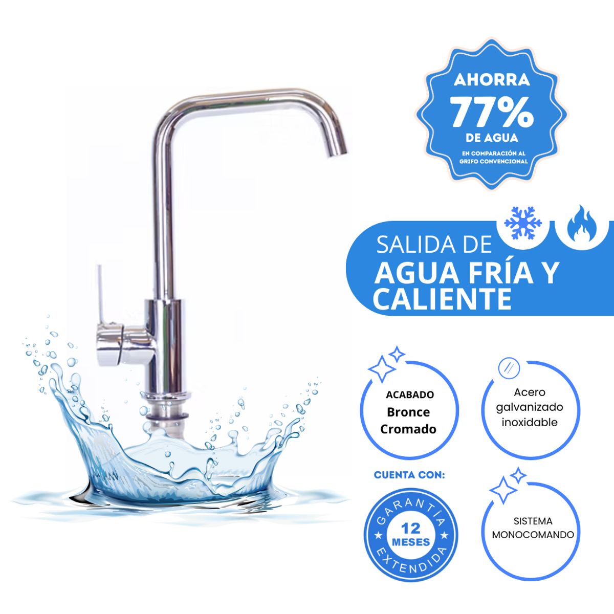 AGUA SANA - Grifo de cocina moderno semi curvo de acero inoxidable