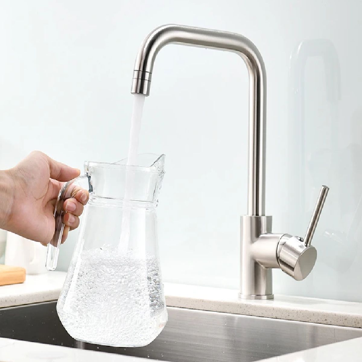 AGUA SANA - Grifo de cocina moderno semi curvo de acero inoxidable