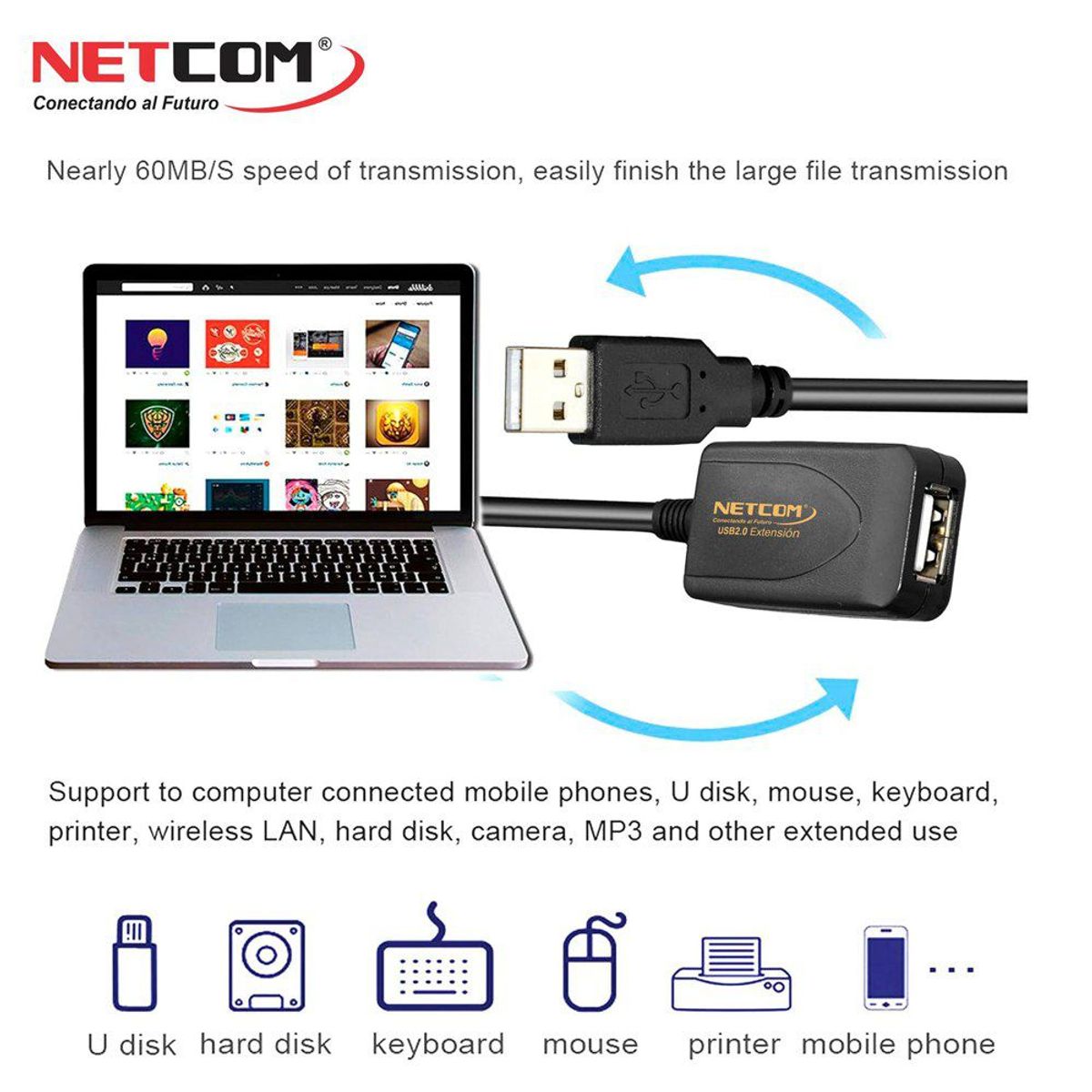 NETCOM - Cable Extensión USB 2.0 Activo Netcom Macho a Hembra 20 Metros