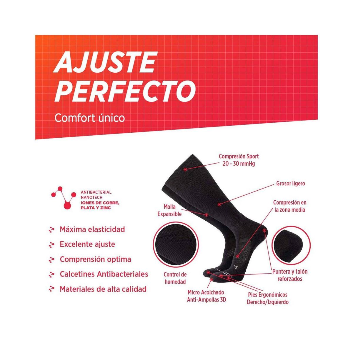 SILVERA NANOTECH - Medias de compresión antibacterial cobre 20-30 mmhg.-