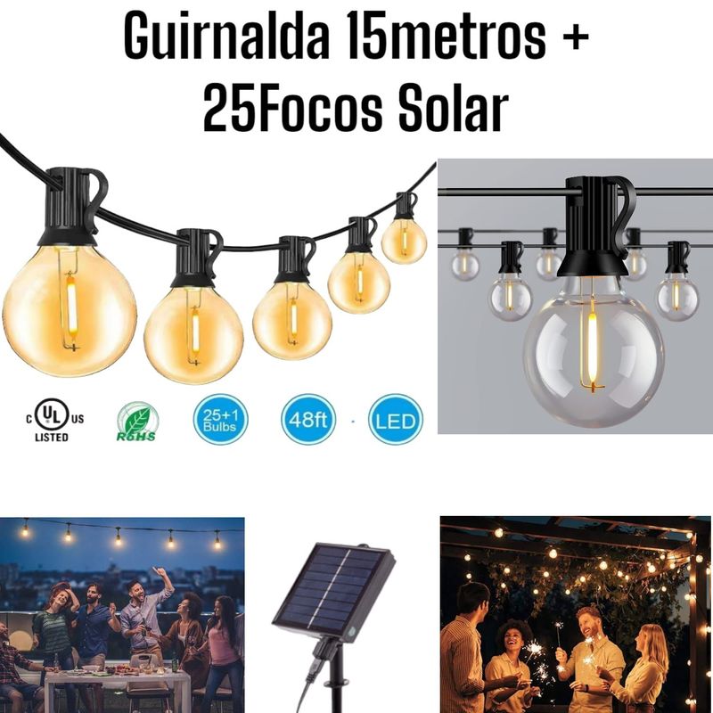 OEM - Guirnalda 15metros SOLAR Vintage Jardín Fiesta Azotea  25Focos