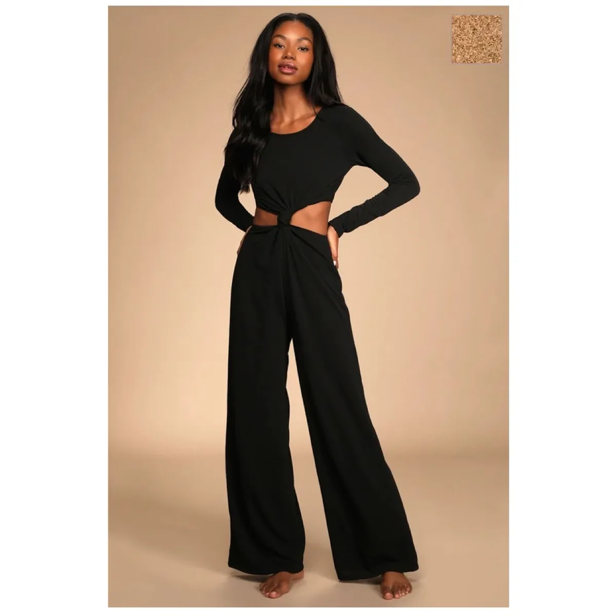 GENERICO - Enterizo Negro De Pierna Ancha Con Recorte De Manga Larga - LULUS