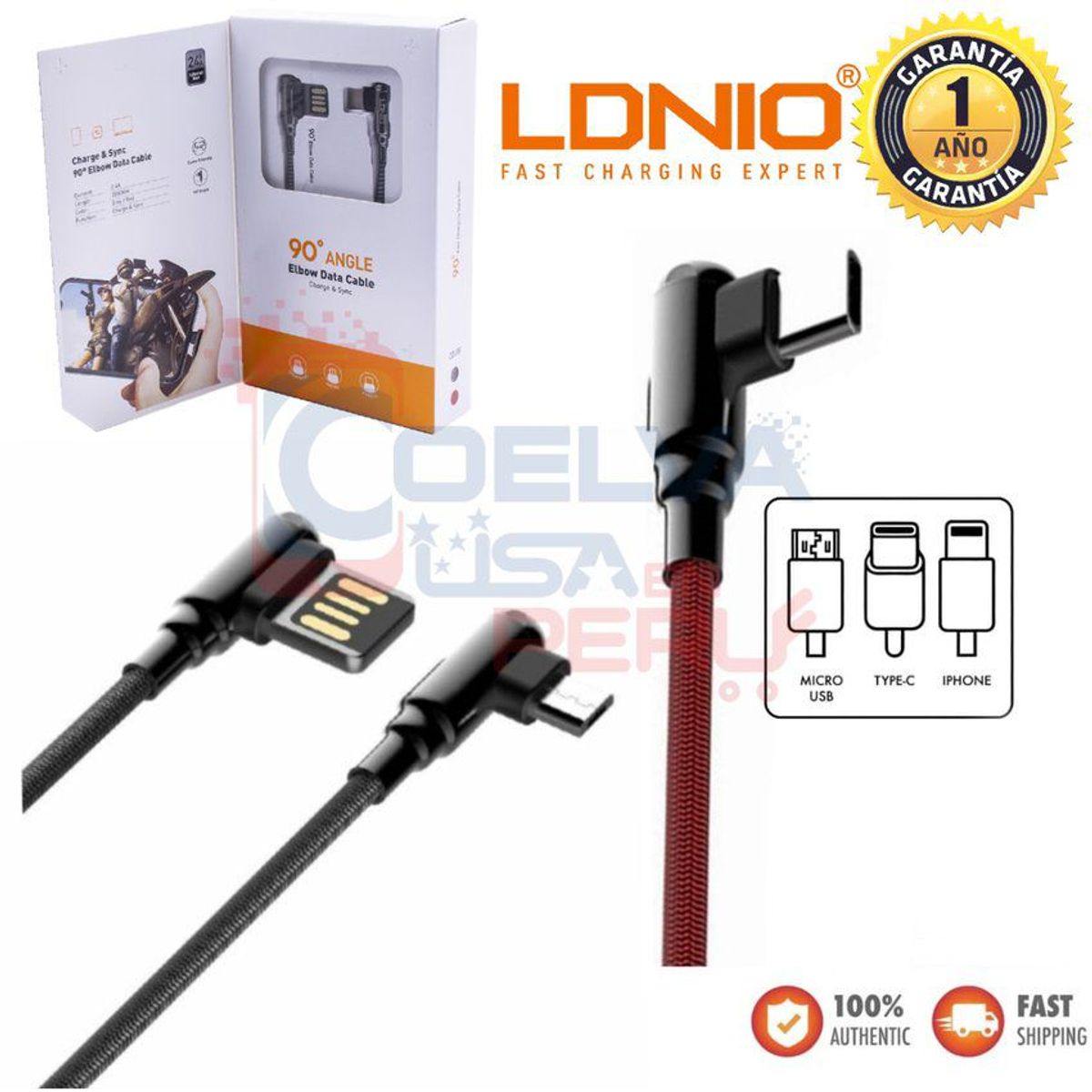 LDNIO - Cable Cargador Ldnio Usb a Tipo C 2M 90° Gamer Juegos Carga Rápida