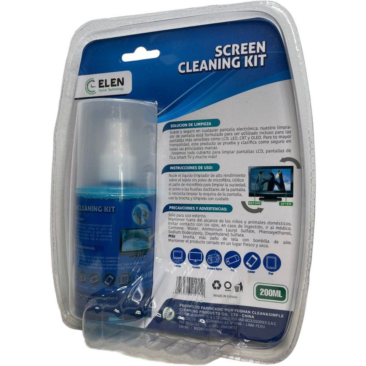 GENERICO - Kit limpiador de pantallas toalla cepillo y limpiador 200 ml