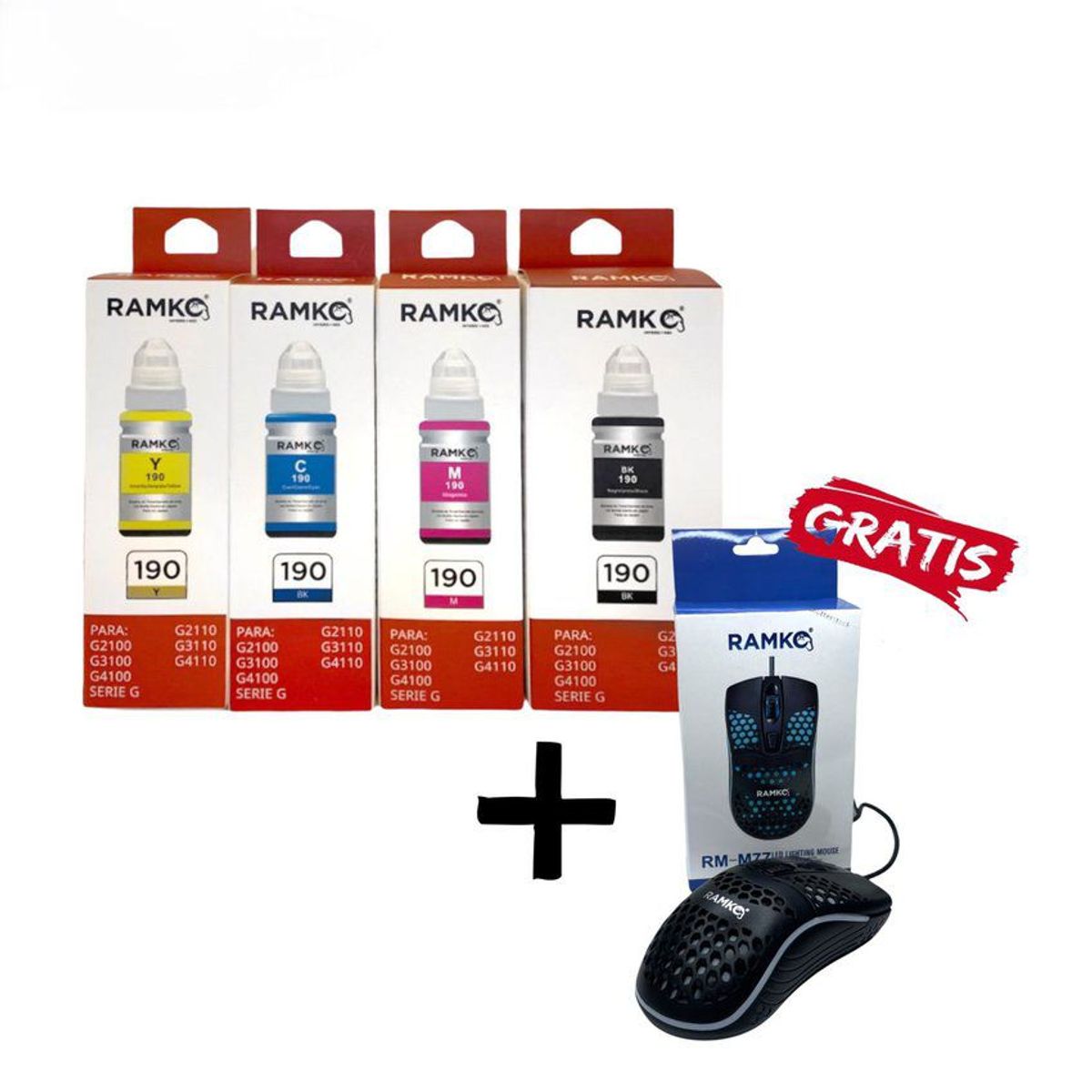 RAMKO - Combo 4 tintas compatibles para Gi-190 más mouse Ramko