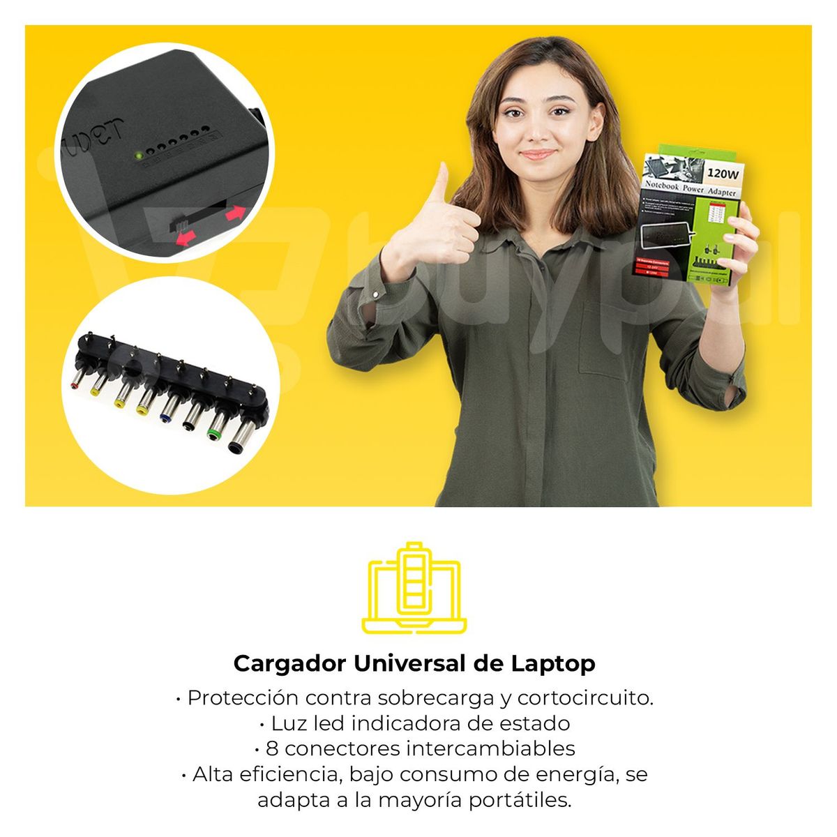 BUYPAL - Cargador Universal Laptop Compatible 120W 12V 24V 8 Conectores