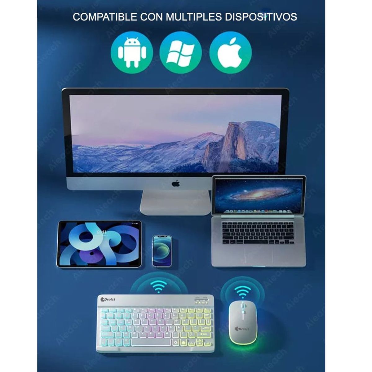 DREIZT - Kit Teclado y Mouse RGB Bluetooth Multidispositivo GR270026 Blanco