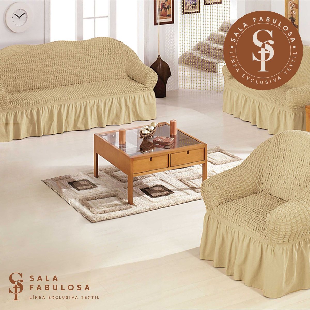 SALA FABULOSA - Funda de mueble spandex burbuja 3-2-1 Sala fabulosa - Color crema