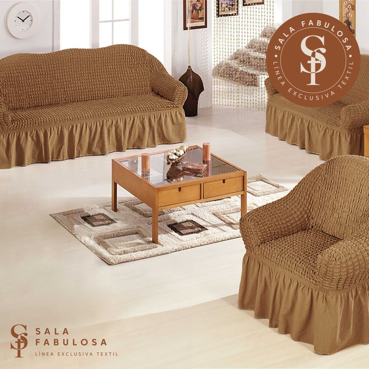SALA FABULOSA - Funda de mueble spandex burbuja 3-2-1 Sala fabulosa - Color Camel