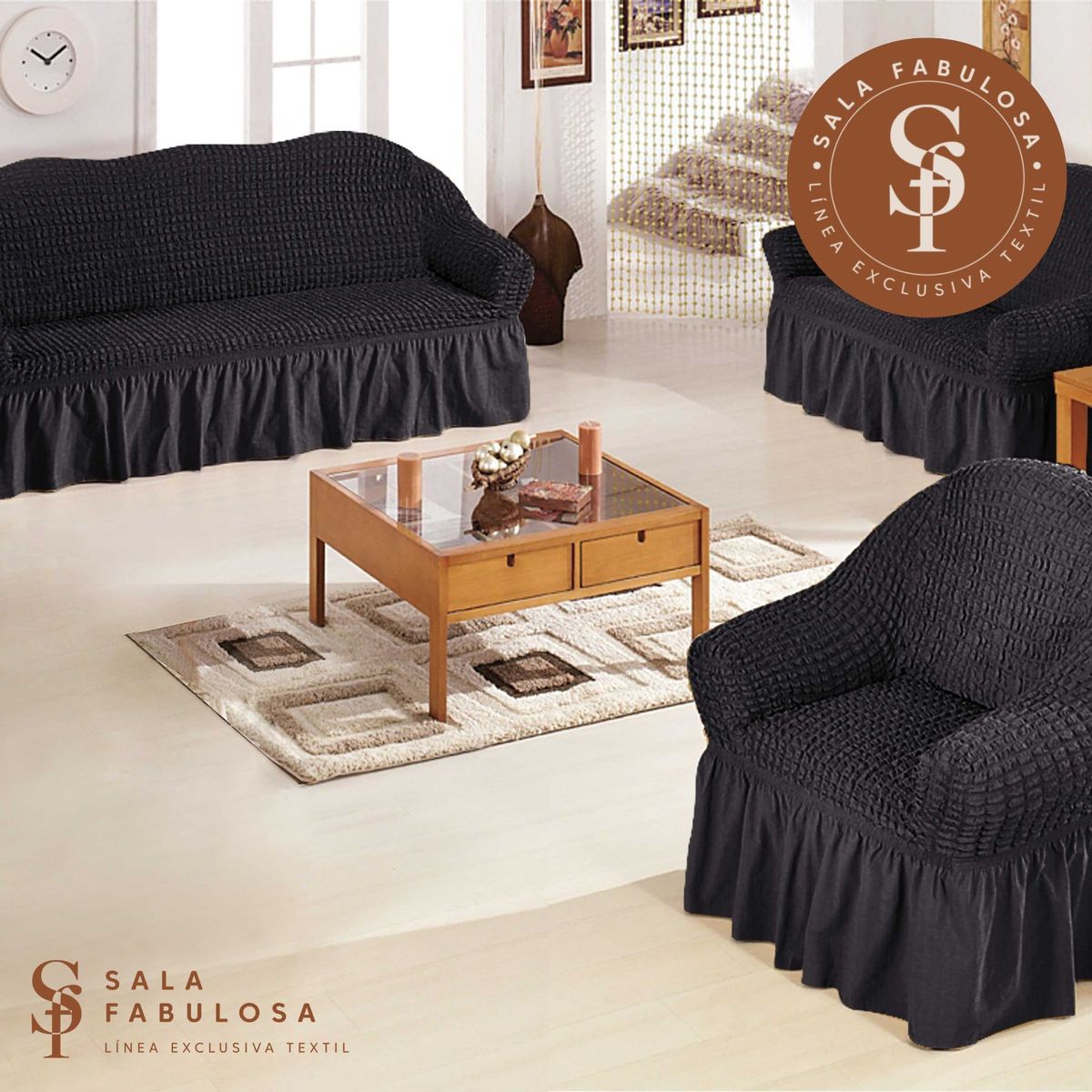 SALA FABULOSA - Funda de mueble spandex burbuja 3-2-1 Sala fabulosa - Color Negro