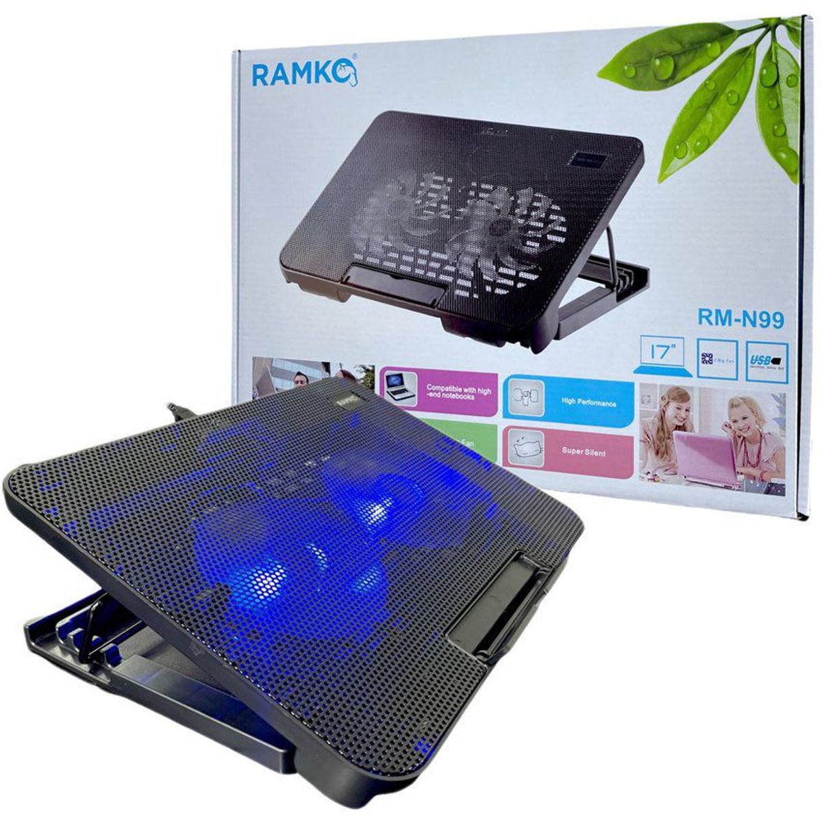 RAMKO - Cooler laptop 17" plastico/metal doble ventilador luz led 2 usb angulo