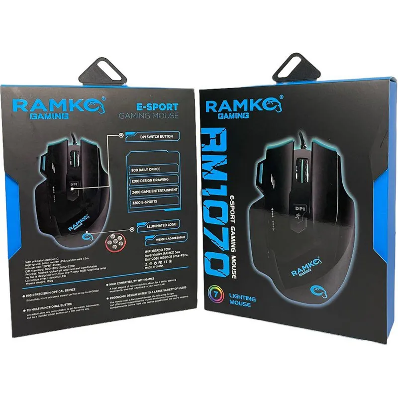 RAMKO - Mouse gamer ramko rm1070 3200dpi peso ajustable iluminado