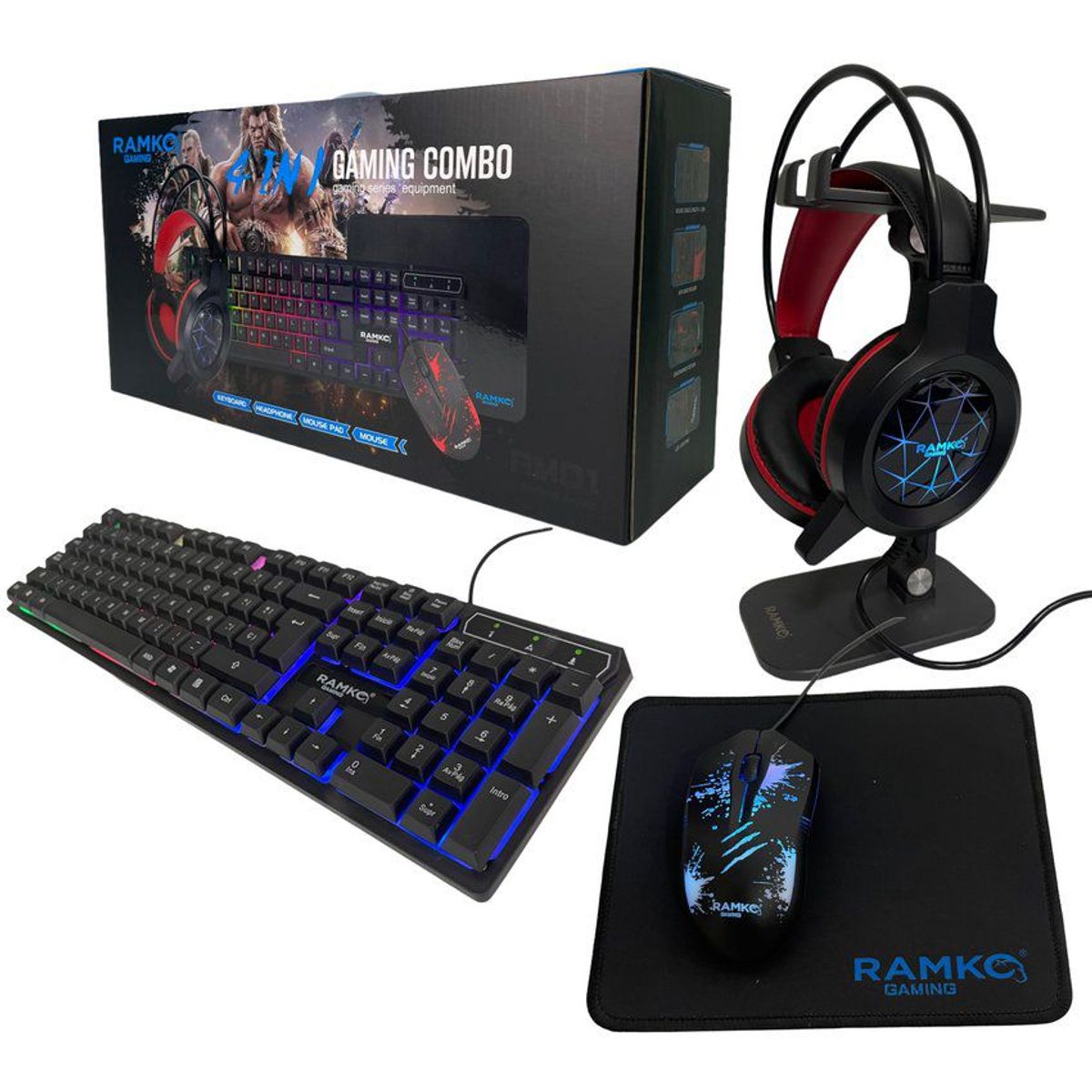 RAMKO - Kit gamer 4 en 1 ramko rm01 teclado + mouse + audífono + mouse pad.