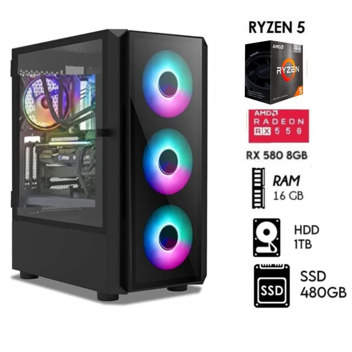 AMD - COMPUTADORA PC GAMER  RYZEN 5-5TH Ram 16GB  DISCO 1TB+SSD 480GB VIDEO RX 580 8GB