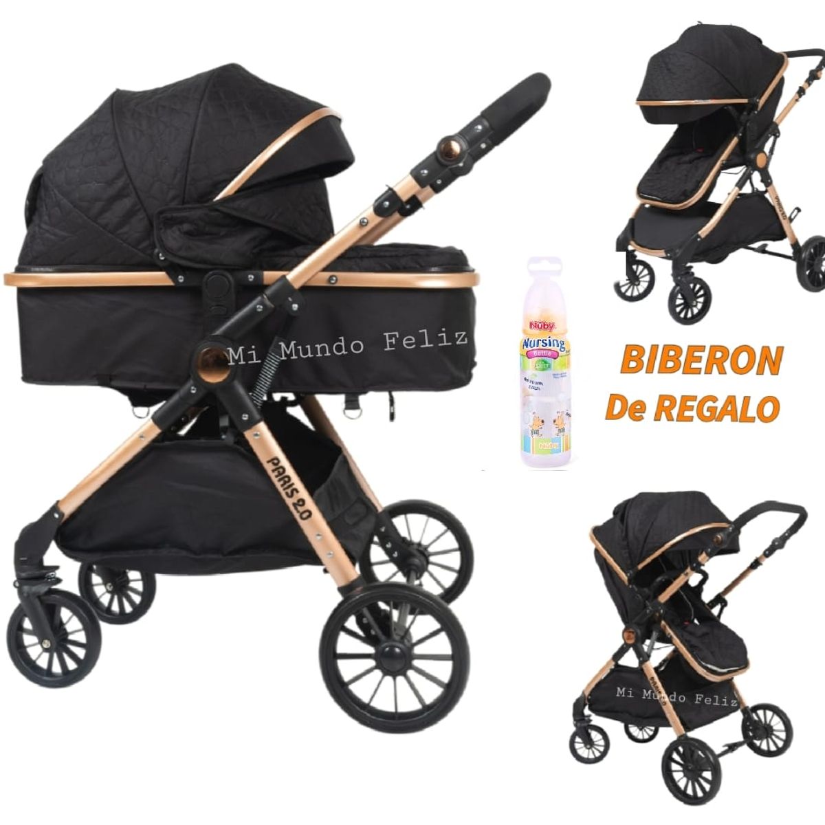 BABY HAPPY - Coche Basto para Bebe  Plegable con Cubrepies Paris Black