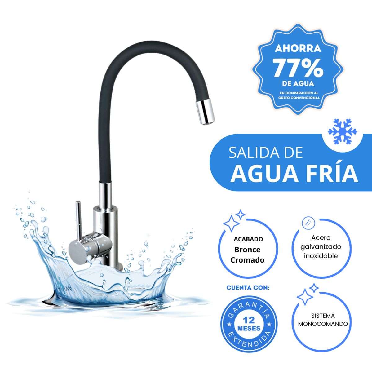 AGUA SANA - Grifo de cocina negro flexible monocomando de acero inoxidable