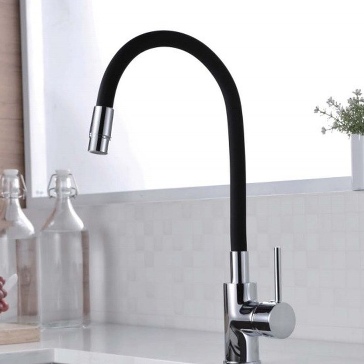 AGUA SANA - Grifo de cocina negro flexible monocomando de acero inoxidable