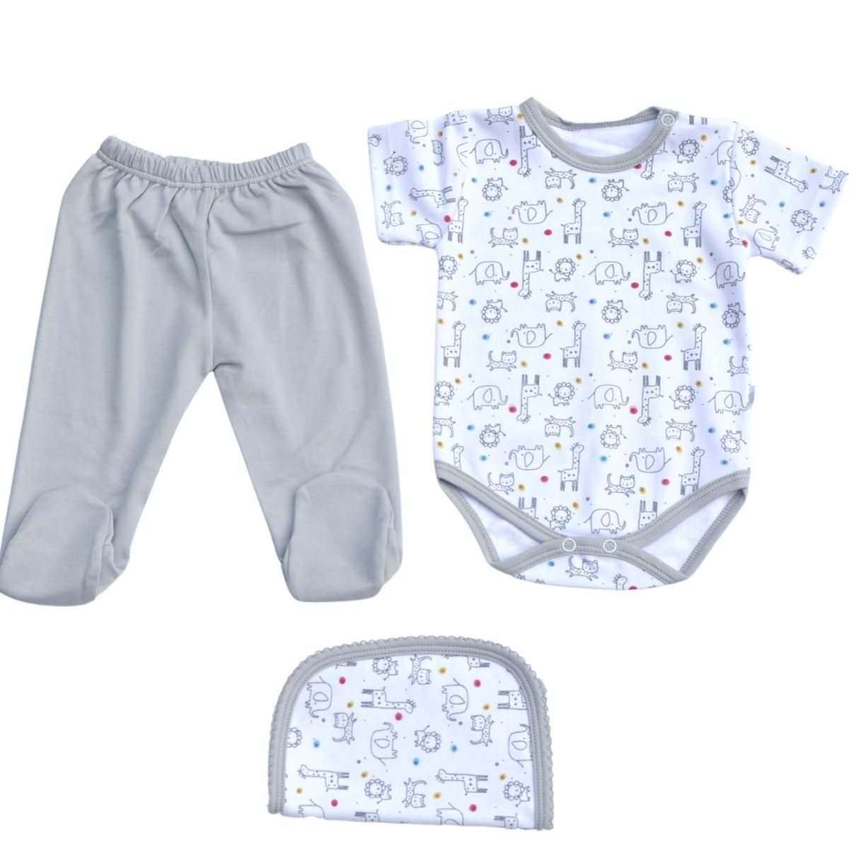 GENERICO - Set Ajuar bebe de 3 piezas de 100% Algodón Gris - Selva