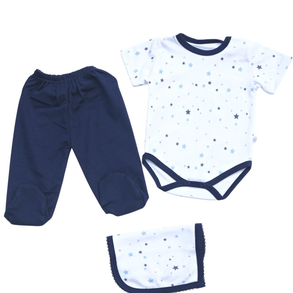 GENERICO - Set Ajuar Bebe de 3 piezas de 100% Algodón Azul - Estrellas