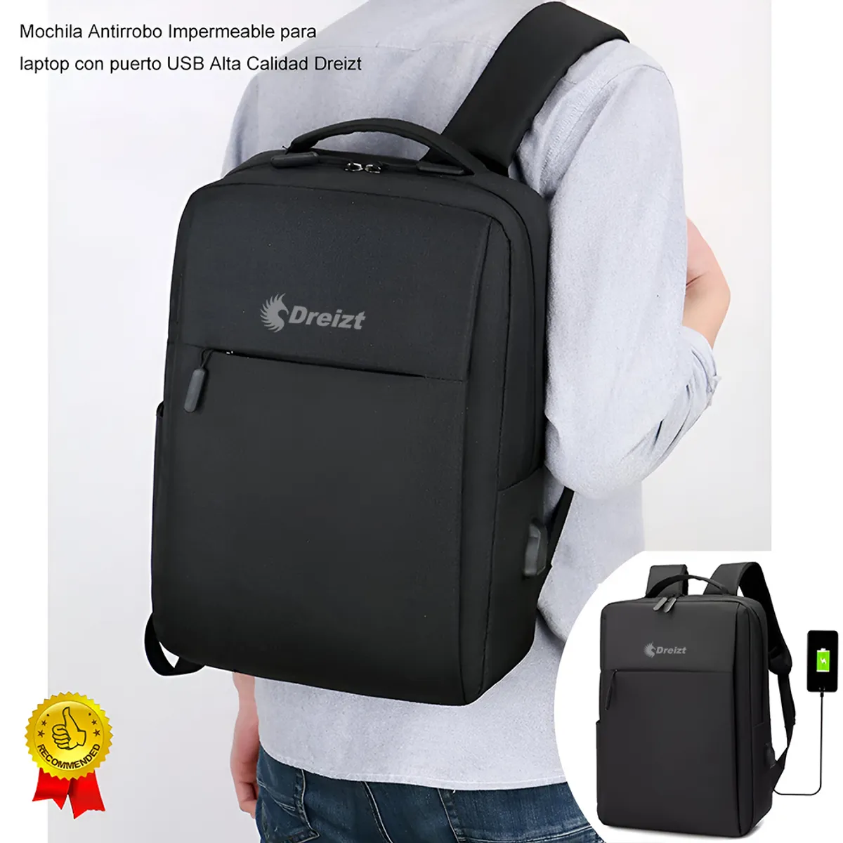 DREIZT - Mochila Antirrobo Impermeable Laptop Puerto USB Calidad Dreizt Negro