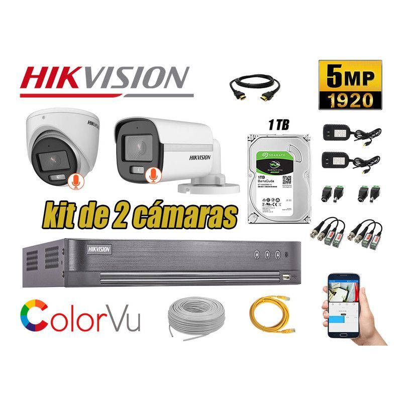 HIKVISION - CÁMARAS SEGURIDAD KIT 2 5MP + DISCO 1TB COLORVU VISION NOCTURNA COLOR