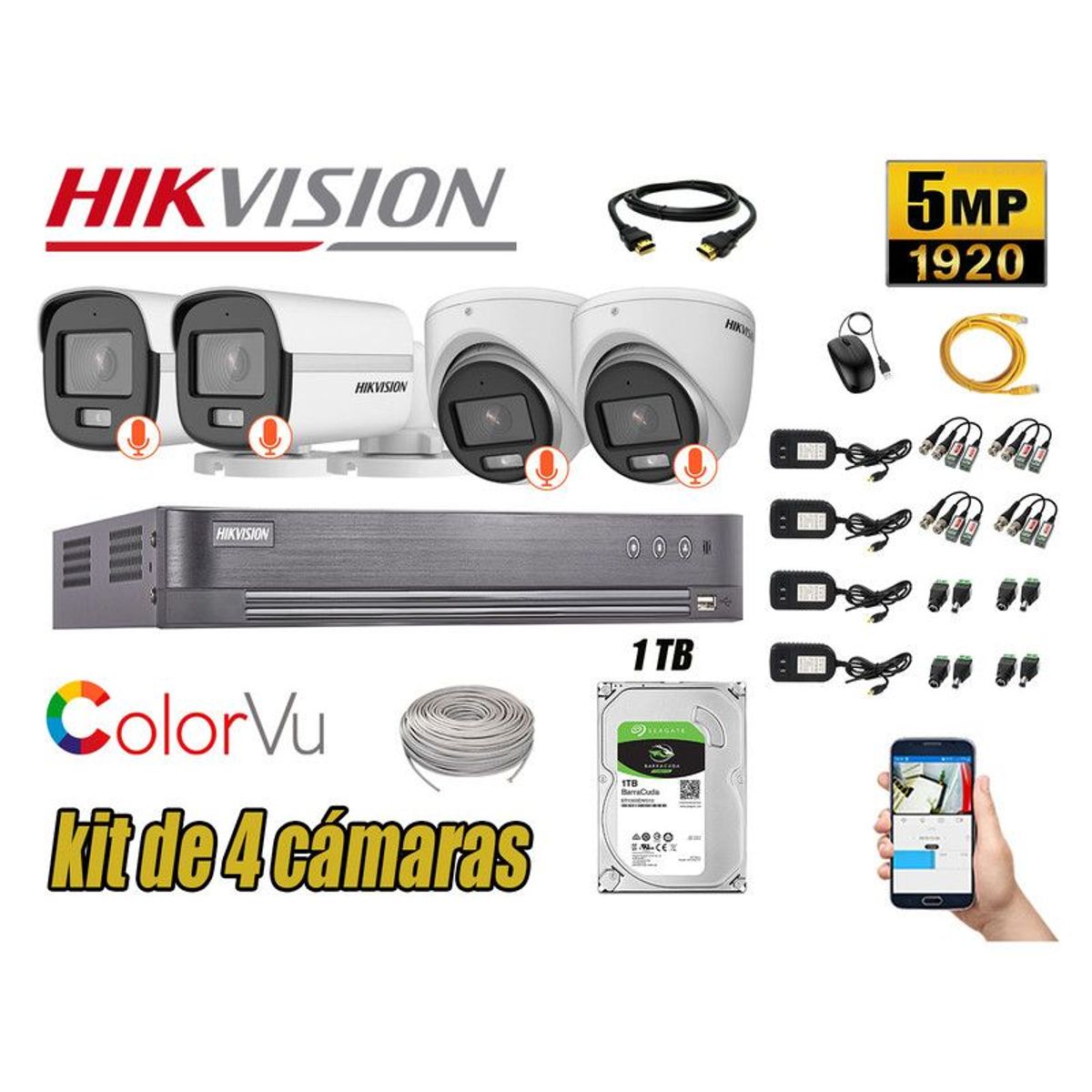 HIKVISION - CÁMARAS SEGURIDAD KIT 4 5MP + DISCO 1TB COLORVU VISION NOCTURNA COLOR