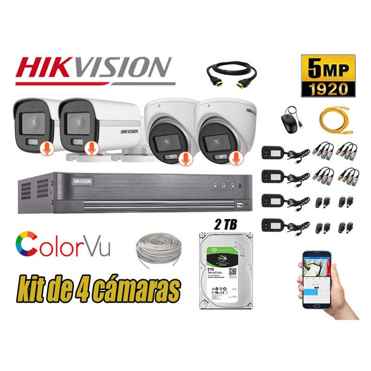 HIKVISION - CÁMARAS SEGURIDAD KIT 4 5MP + DISCO 2TB COLORVU VISION NOCTURNA COLOR