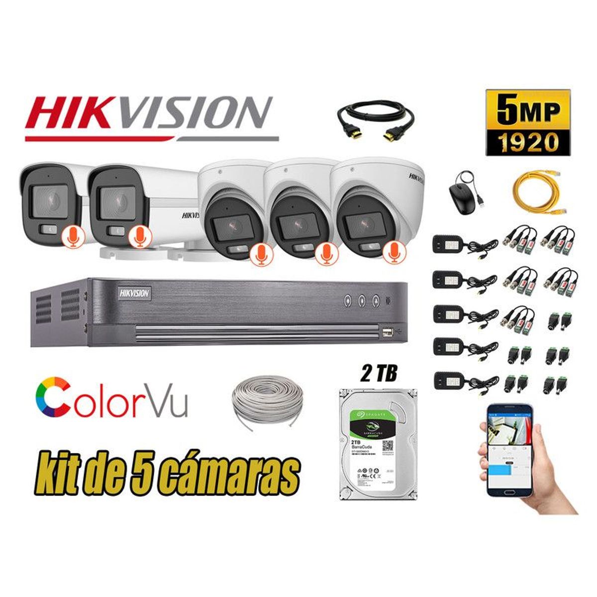HIKVISION - CÁMARAS SEGURIDAD KIT 5 5MP + DISCO 2TB COLORVU VISION NOCTURNA COLOR