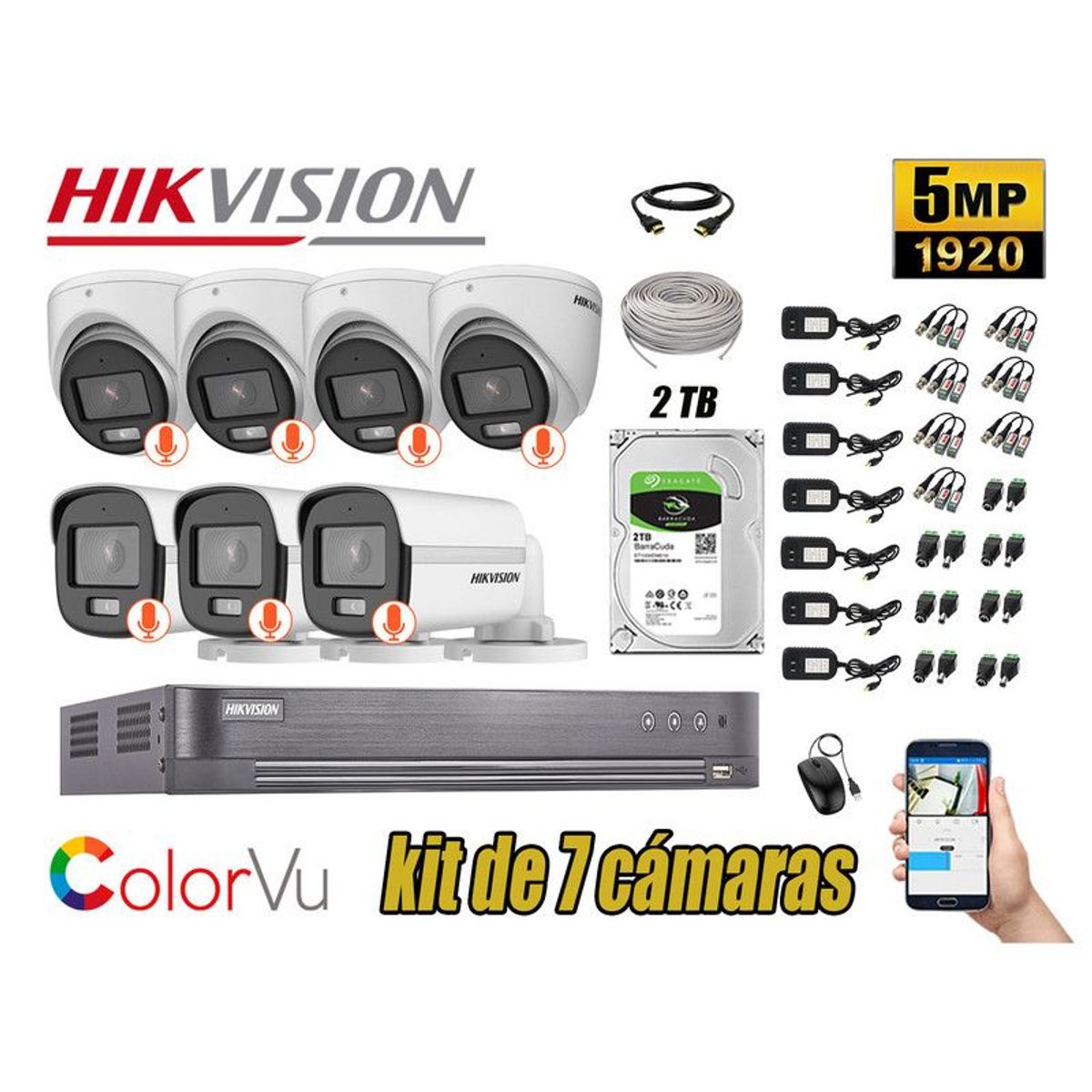 HIKVISION - CÁMARAS SEGURIDAD KIT 7 5MP + DISCO 2TB COLORVU VISION NOCTURNA COLOR