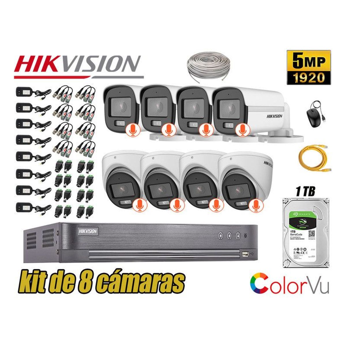 HIKVISION - CÁMARAS SEGURIDAD KIT 8 5MP + DISCO 1TB COLORVU VISION NOCTURNA COLOR