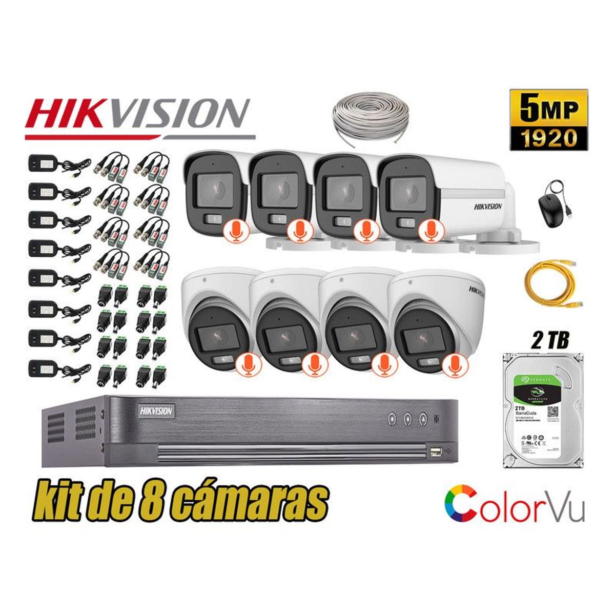 HIKVISION - CÁMARAS SEGURIDAD KIT 8 5MP + DISCO 2TB COLORVU VISION NOCTURNA COLOR