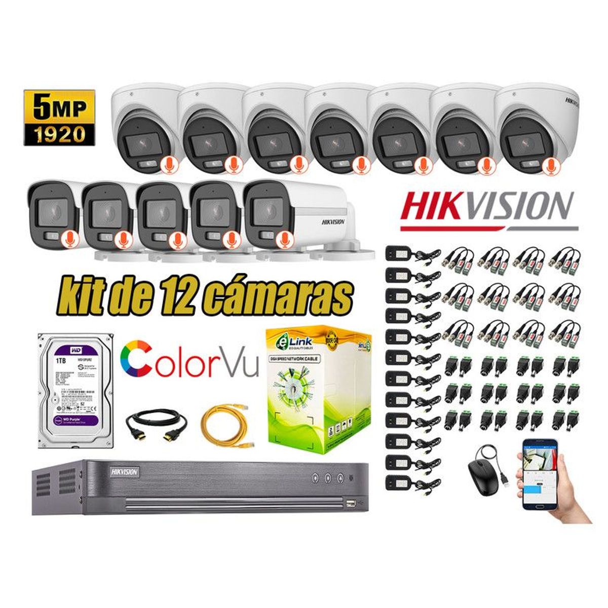 HIKVISION - CÁMARAS SEGURIDAD KIT 12 5MP + DISCO 1TB COLORVU VISION NOCTURNA COLOR