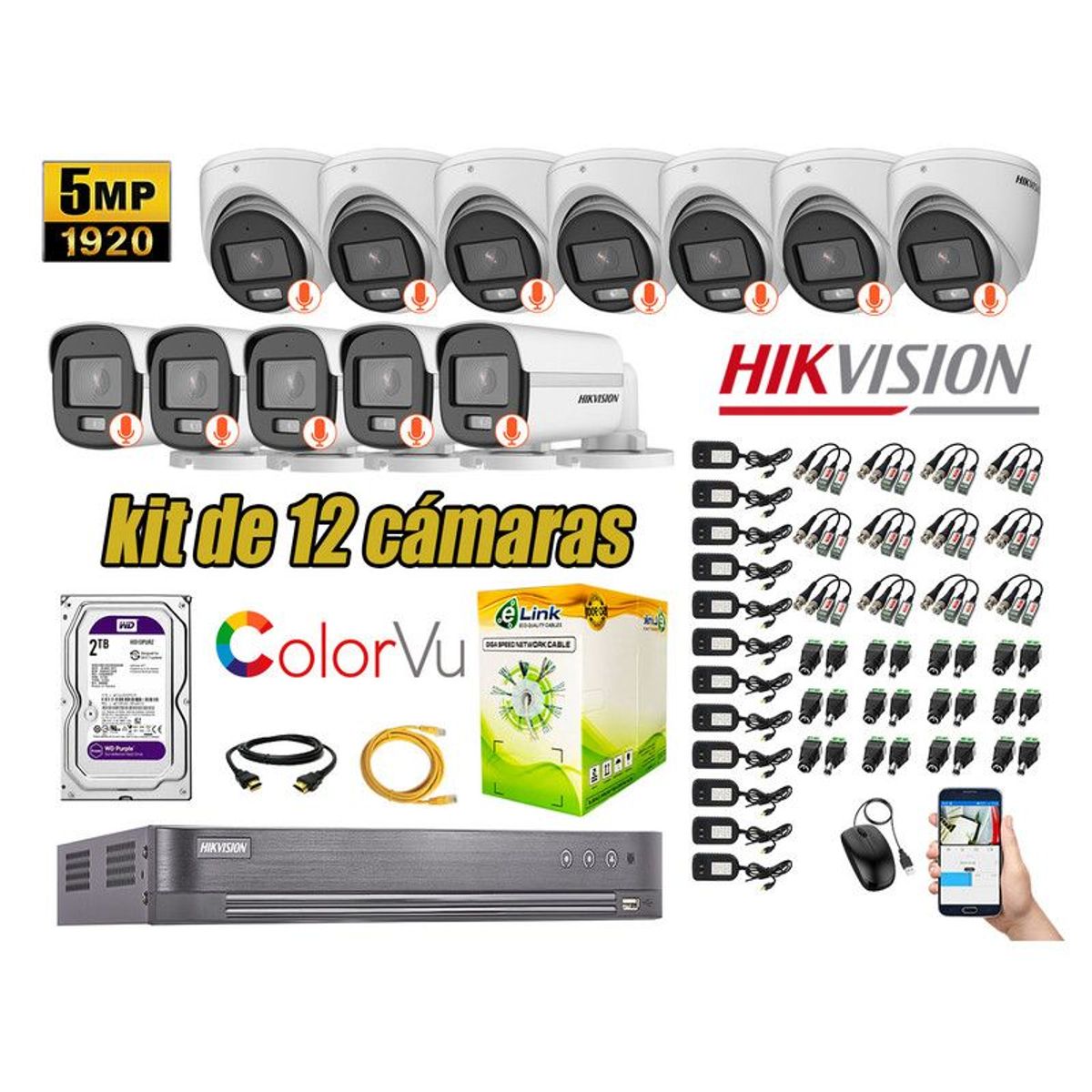 HIKVISION - CÁMARAS SEGURIDAD KIT 12 5MP + DISCO 2TB COLORVU VISION NOCTURNA COLOR