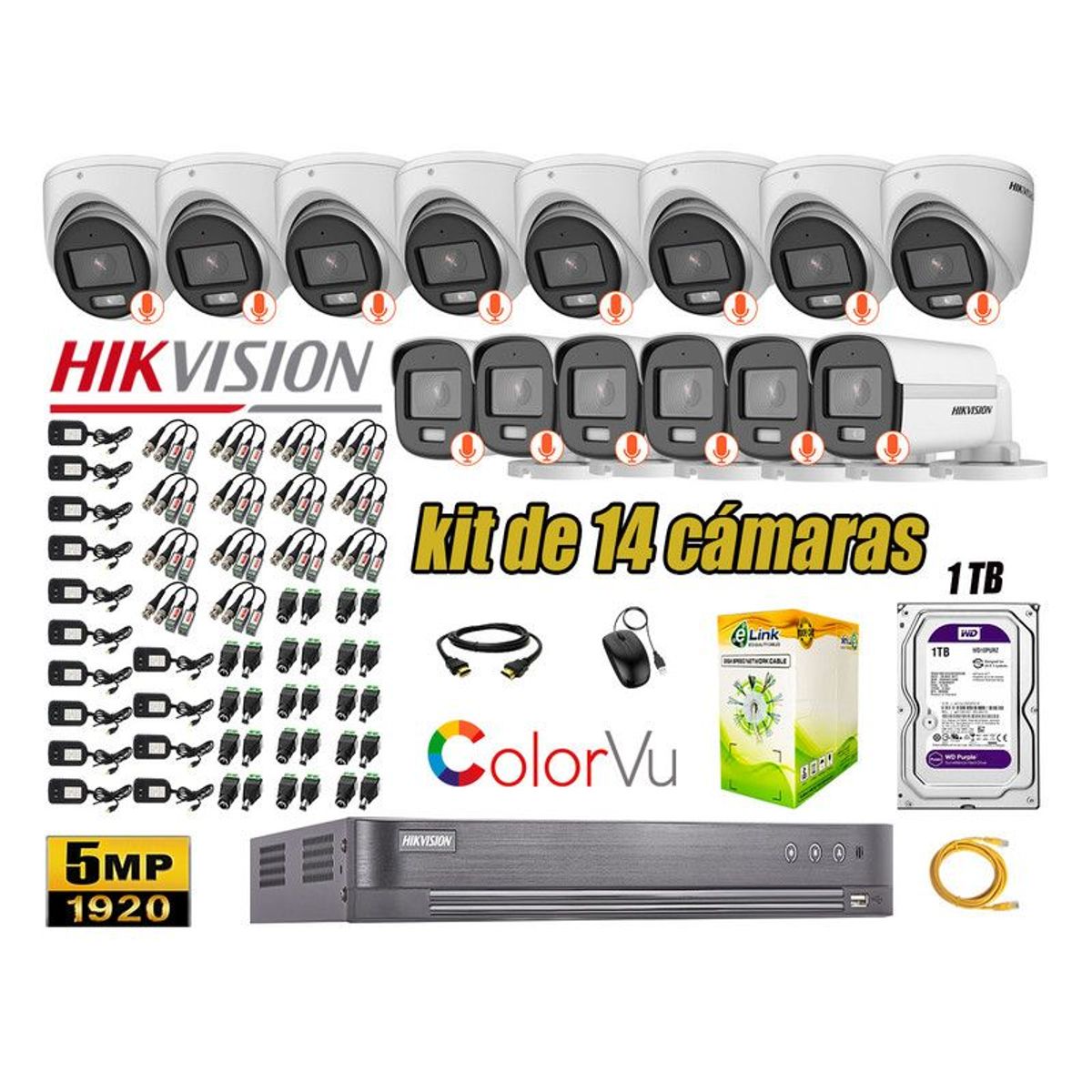 HIKVISION - CÁMARAS SEGURIDAD KIT 14 5MP + DISCO 1TB COLORVU VISION NOCTURNA COLOR