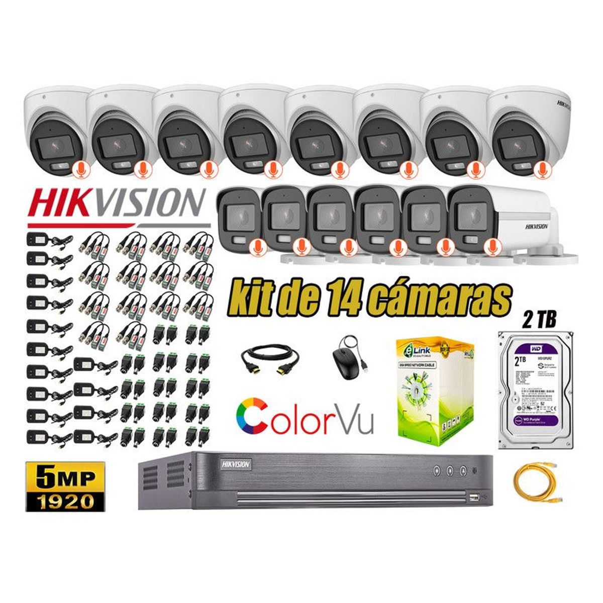 HIKVISION - CÁMARAS SEGURIDAD KIT 14 5MP + DISCO 2TB COLORVU VISION NOCTURNA COLOR