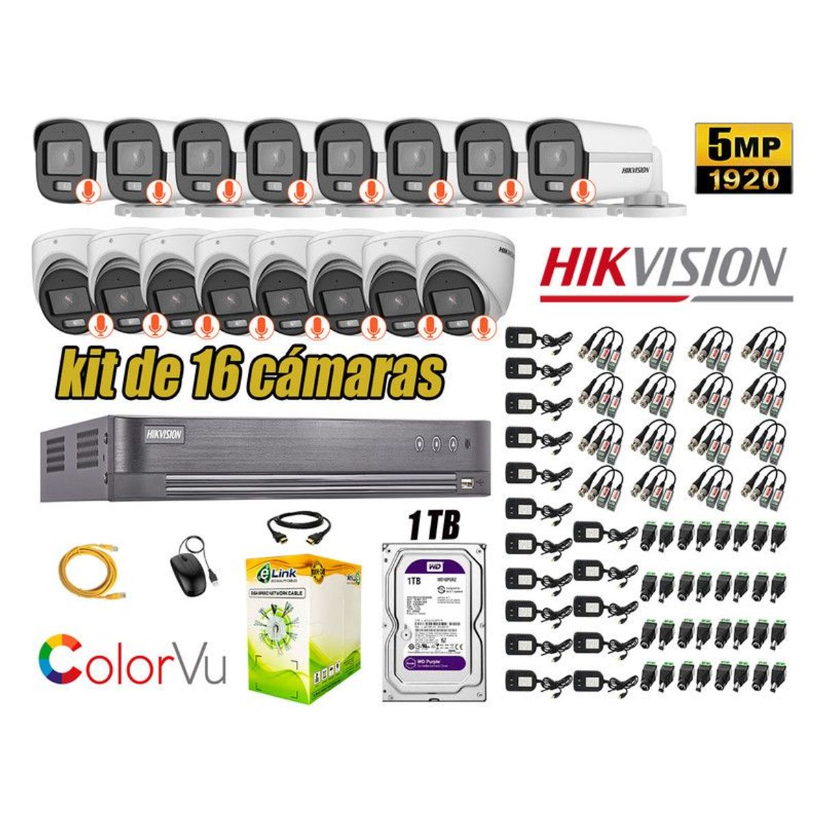 HIKVISION - CÁMARAS SEGURIDAD KIT 16 5MP + DISCO 1TB COLORVU VISION NOCTURNA COLOR