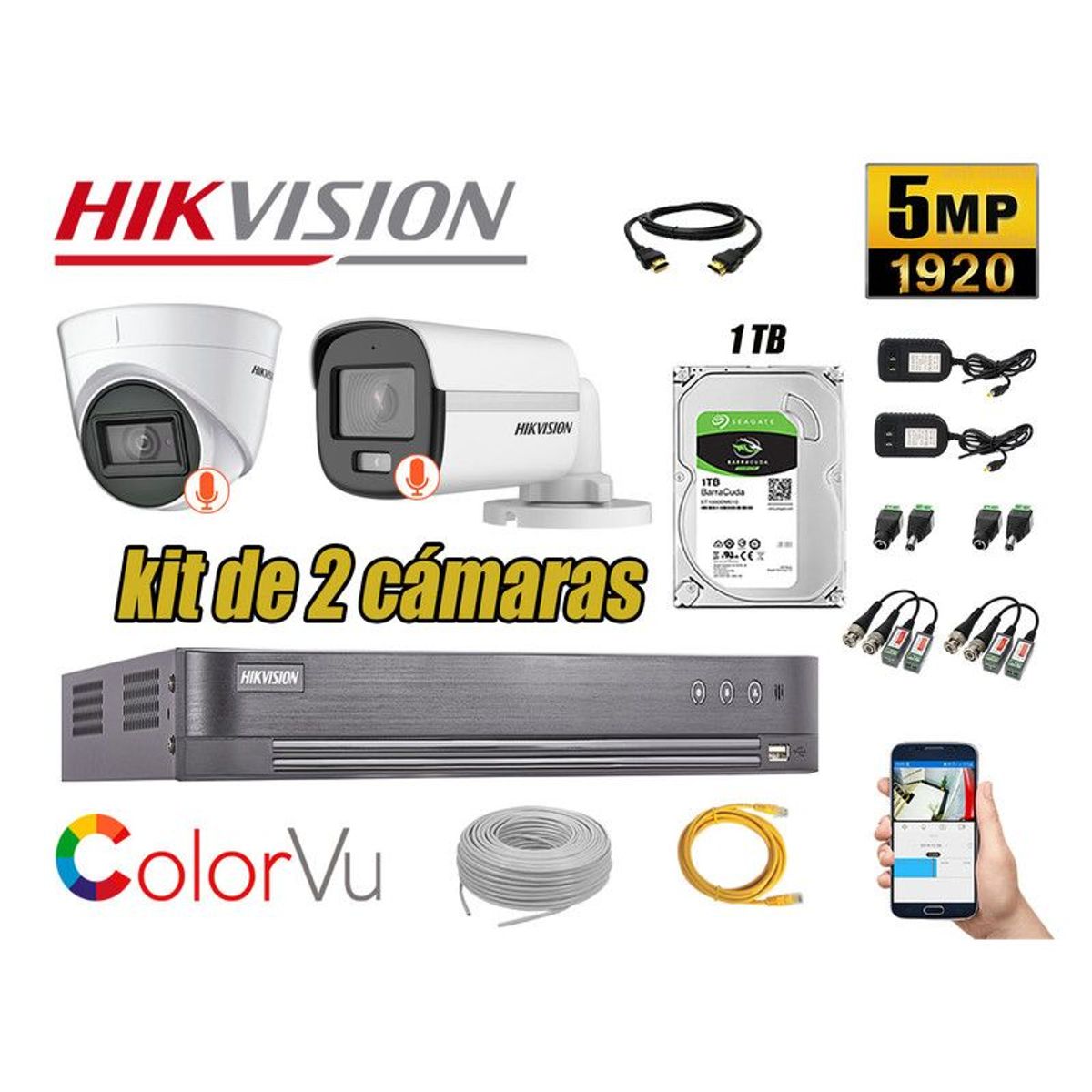HIKVISION - CÁMARAS SEGURIDAD KIT 2 5MP + DISCO 1TB COLORVU VISION NOCTURNA COLOR