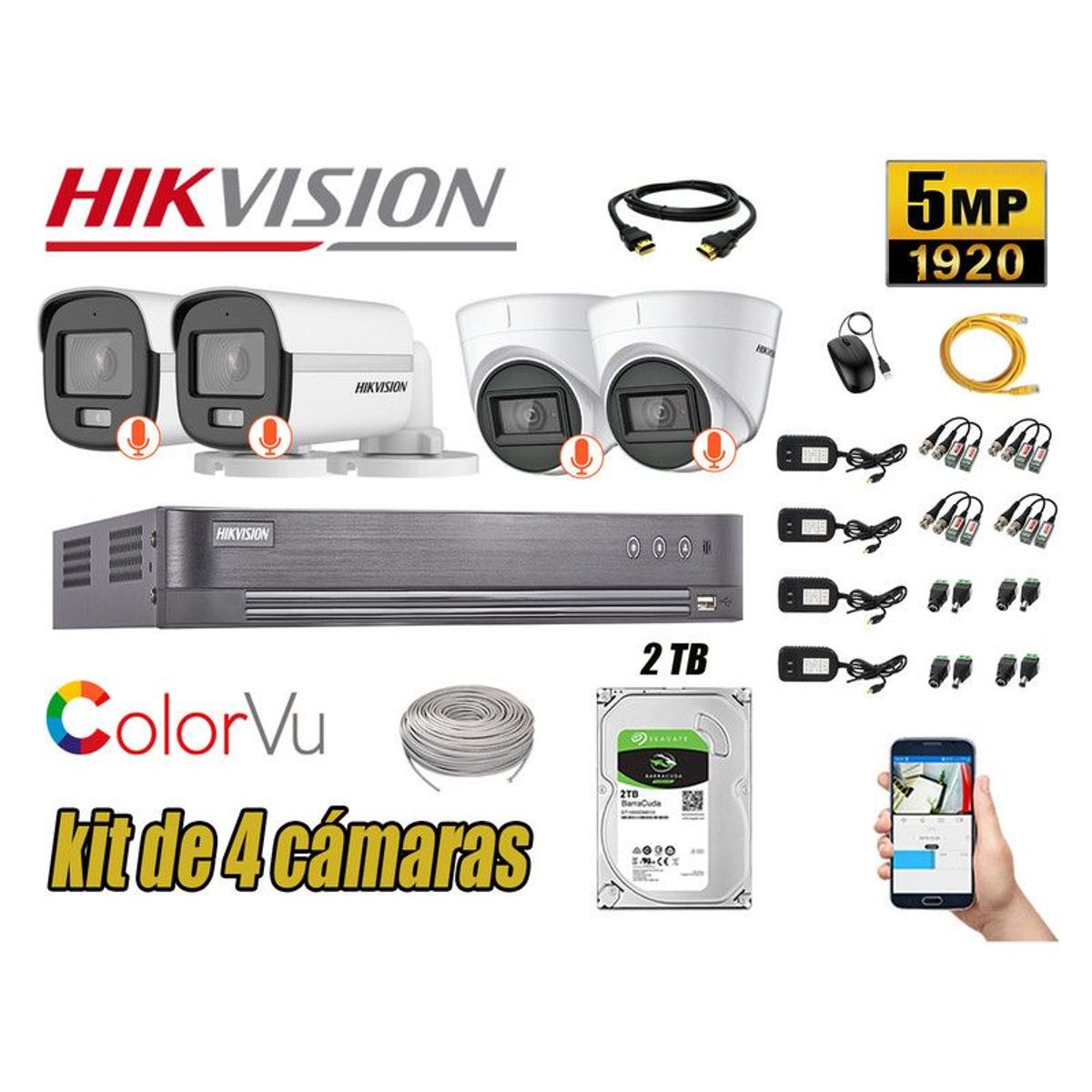 HIKVISION - CÁMARAS SEGURIDAD KIT 4 5MP + DISCO 2TB COLORVU VISION NOCTURNA COLOR
