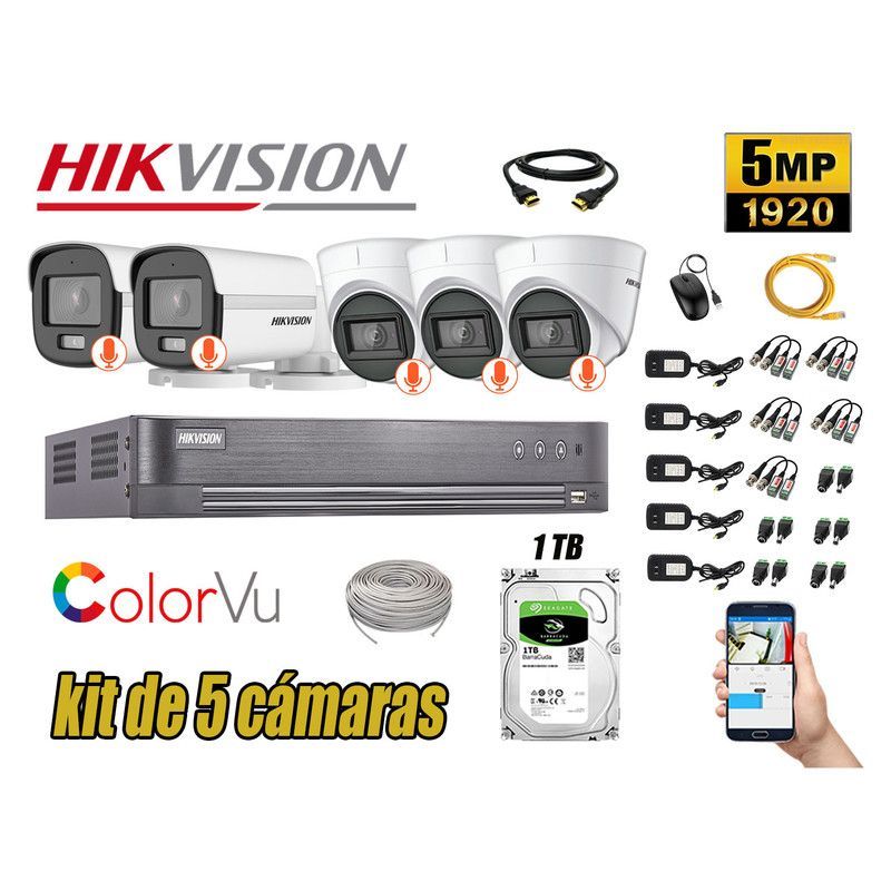 HIKVISION - CÁMARAS SEGURIDAD KIT 5 5MP + DISCO 1TB COLORVU VISION NOCTURNA COLOR