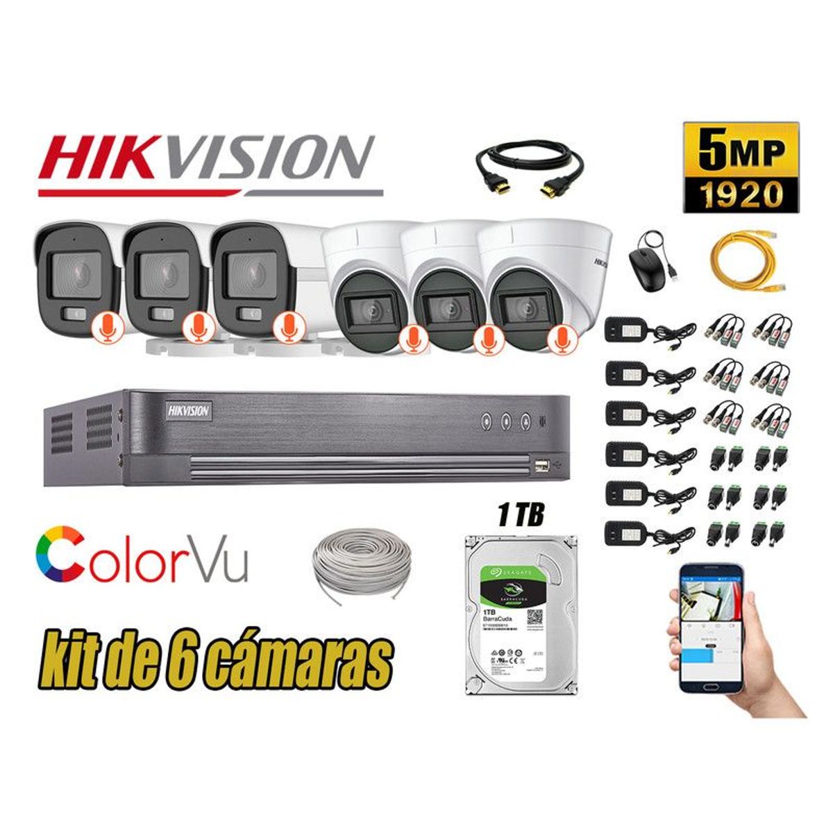 HIKVISION - CÁMARAS SEGURIDAD KIT 6 5MP + DISCO 1TB COLORVU VISION NOCTURNA COLOR
