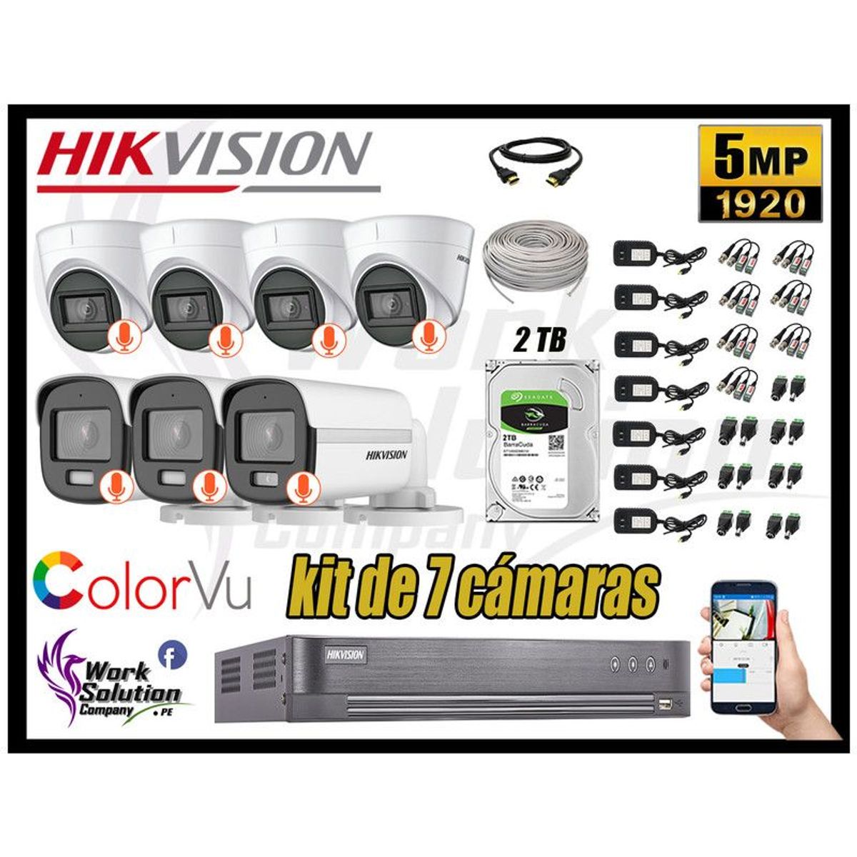 HIKVISION - CÁMARAS SEGURIDAD KIT 7 5MP + DISCO 2TB COLORVU VISION NOCTURNA COLOR