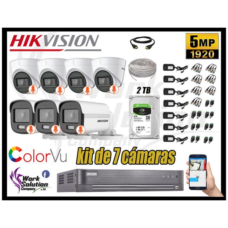 HIKVISION - CÁMARAS SEGURIDAD KIT 7 5MP + DISCO 2TB COLORVU VISION NOCTURNA COLOR