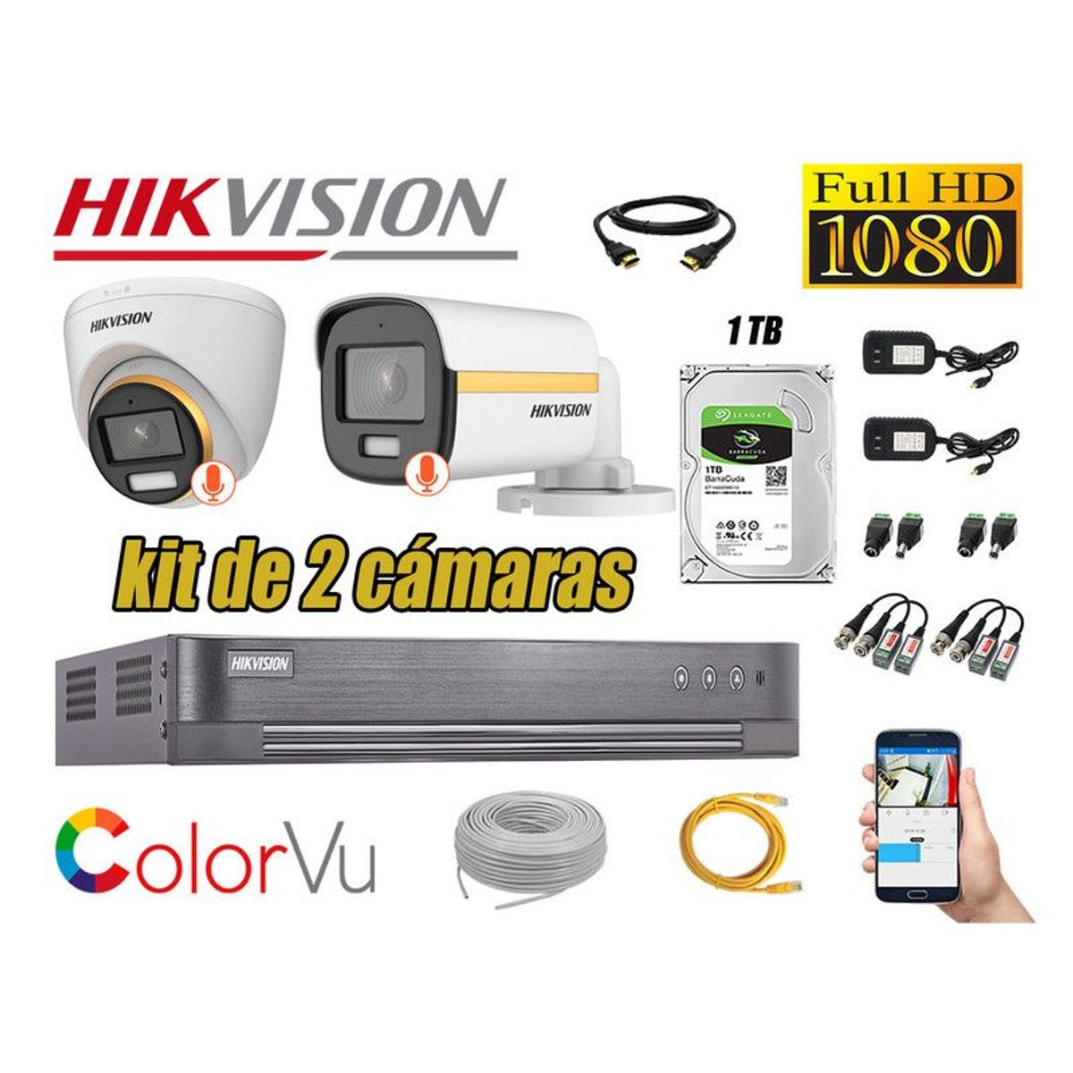 HIKVISION - CÁMARAS SEGURIDAD KIT 2 FULL HD + DISCO 1TB - COLORVU VISION COLOR