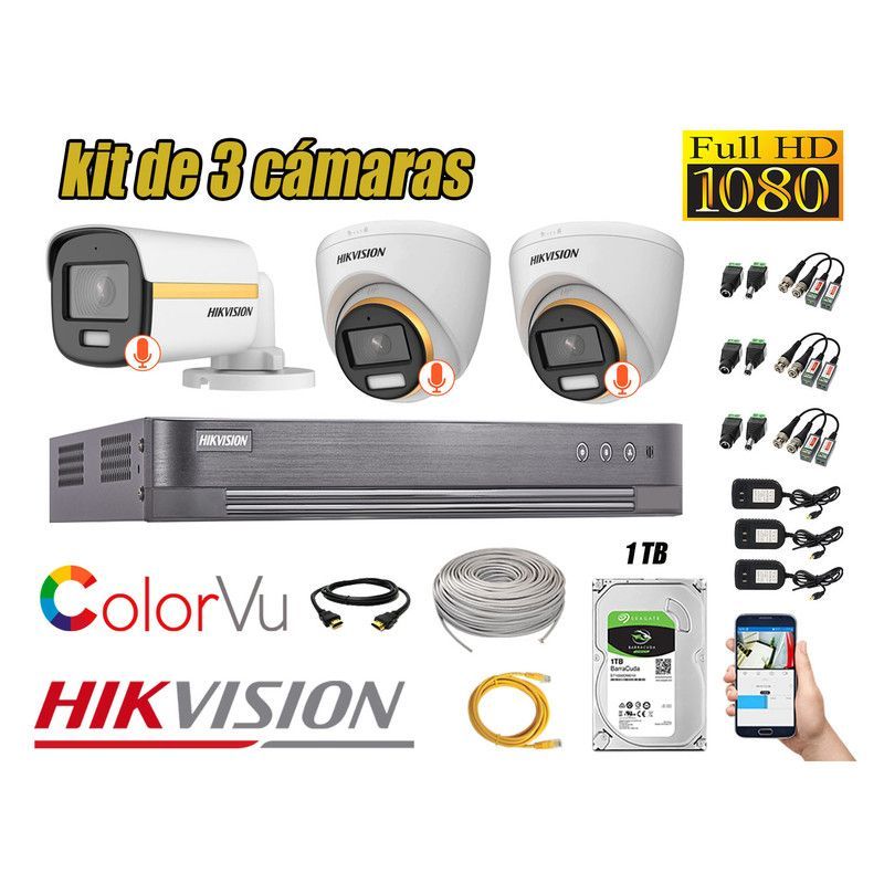 HIKVISION - CÁMARAS SEGURIDAD KIT 3 FULL HD + DISCO 1TB - COLORVU VISION COLOR