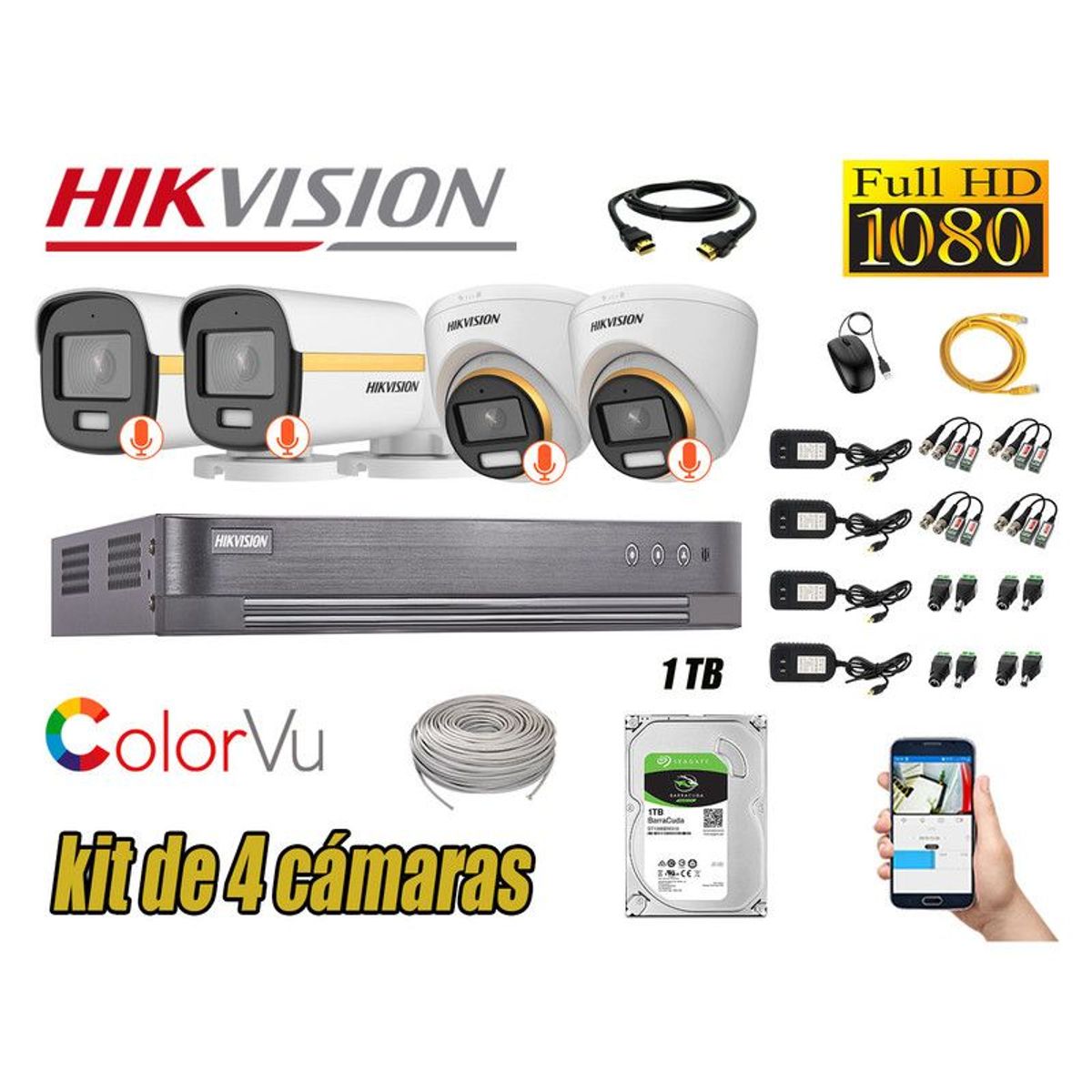 HIKVISION - CÁMARAS SEGURIDAD KIT 4 FULL HD + DISCO 1TB - COLORVU VISION COLOR