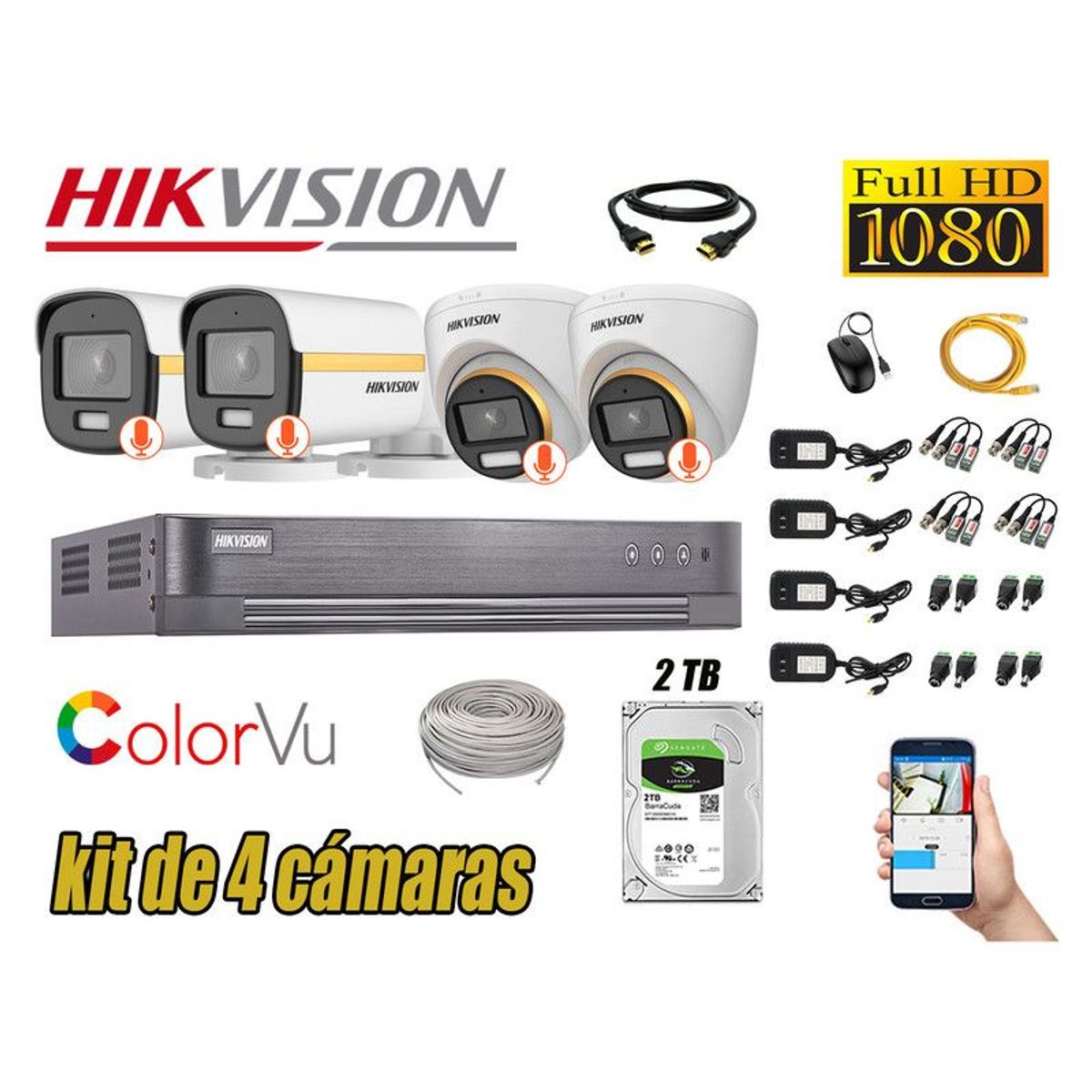 HIKVISION - CÁMARAS SEGURIDAD KIT 4 FULL HD + DISCO 2TB - COLORVU VISION COLOR
