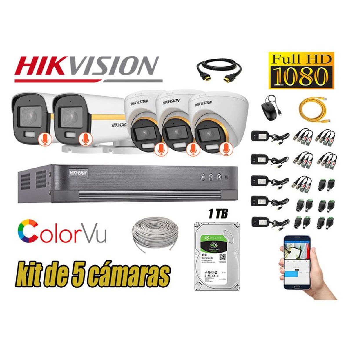 HIKVISION - CÁMARAS SEGURIDAD KIT 5 FULL HD + DISCO 1TB - COLORVU VISION COLOR