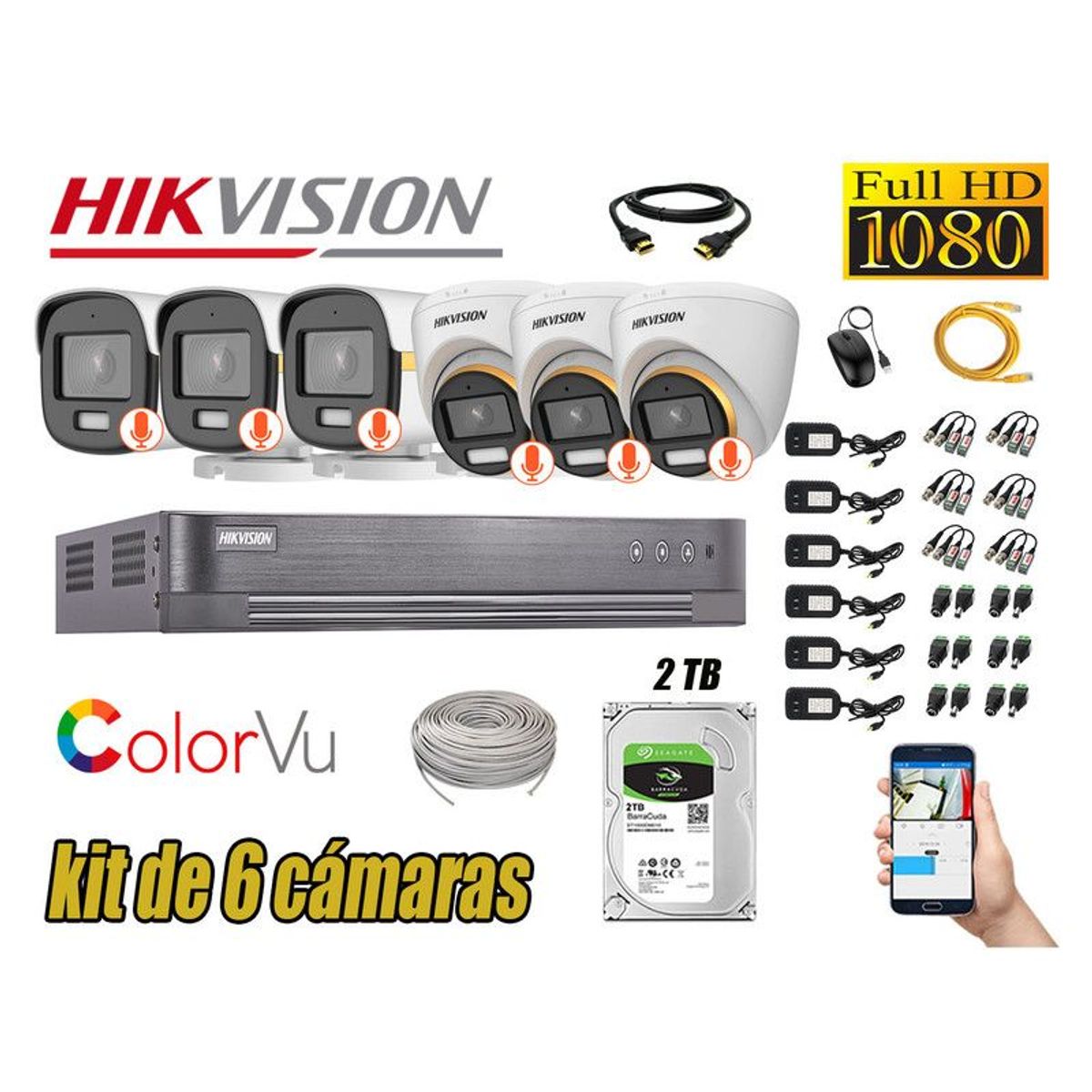HIKVISION - CÁMARAS SEGURIDAD KIT 6 FULL HD + DISCO 2TB - COLORVU VISION COLOR