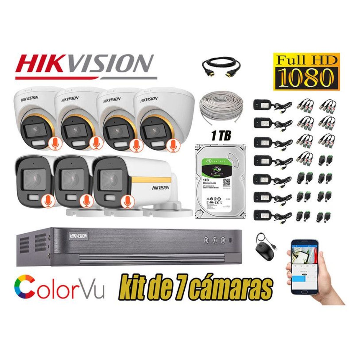 HIKVISION - CÁMARAS SEGURIDAD KIT 7 FULL HD + DISCO 1TB - COLORVU VISION COLOR