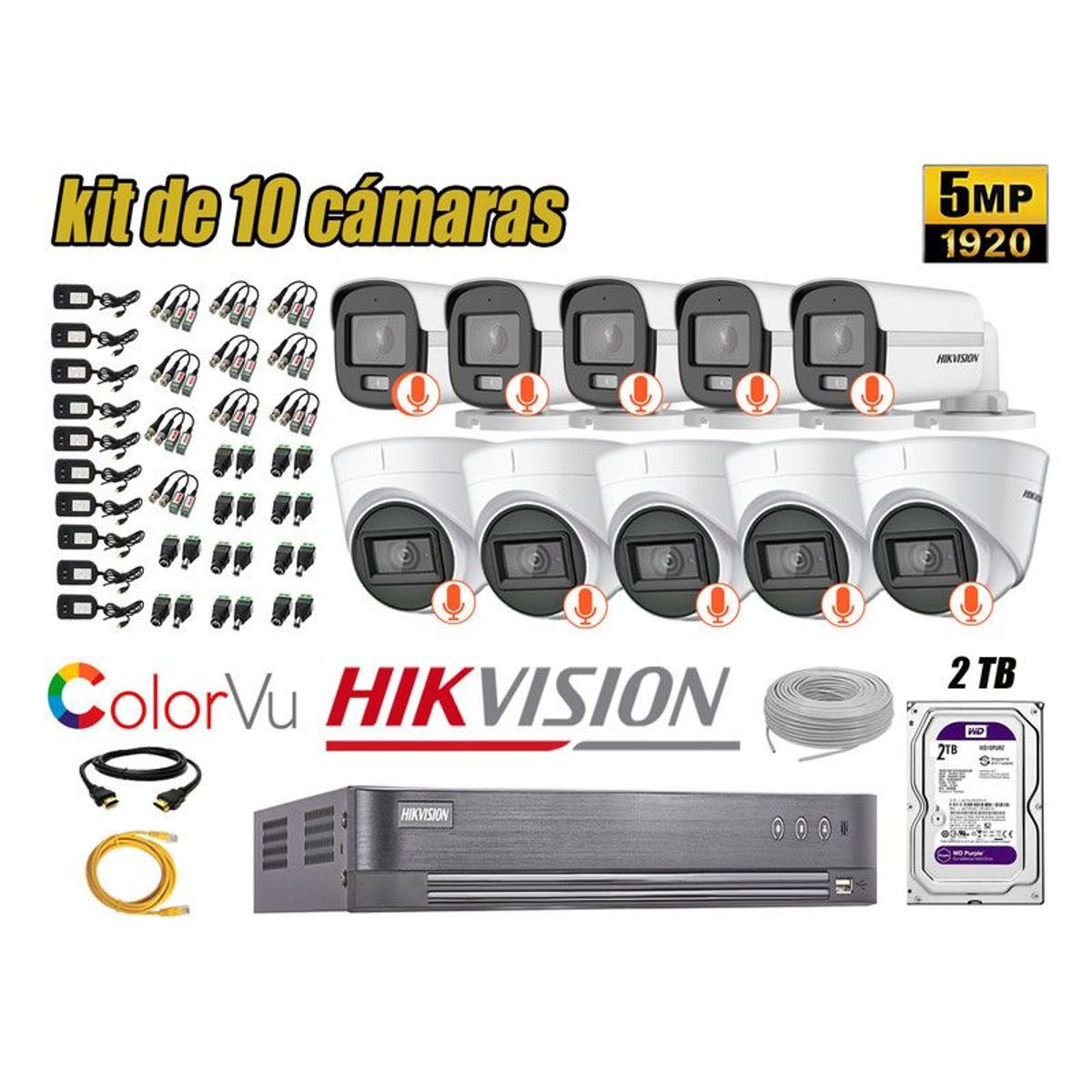 HIKVISION - CÁMARAS SEGURIDAD KIT 10 5MP + DISCO 2TB COLORVU VISION NOCTURNA COLOR